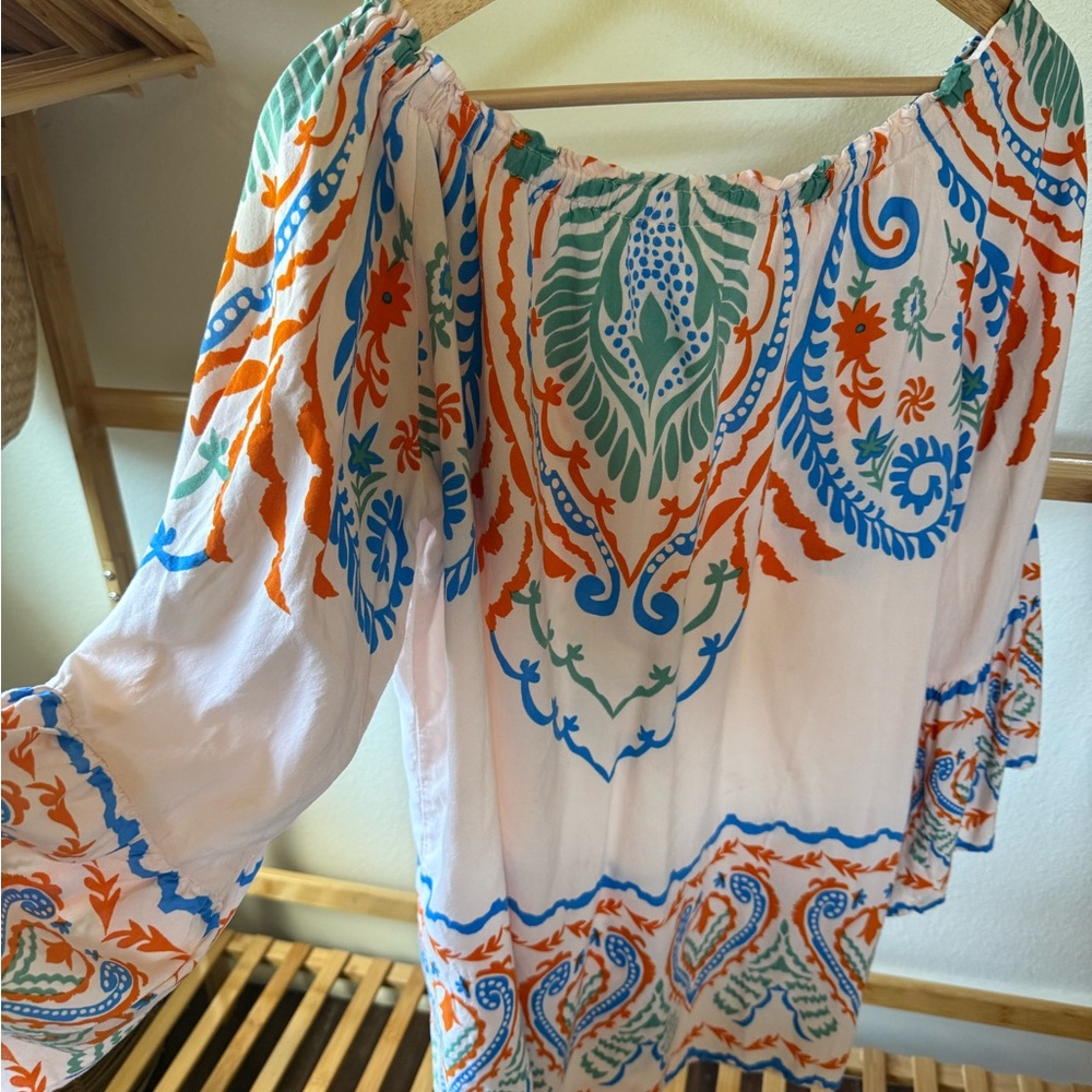 Flying Tomato Orange and Blue Flutter Sleeve Blouse